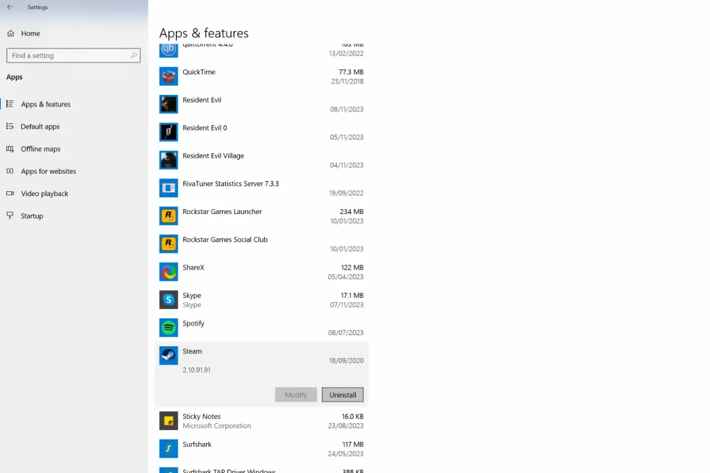 uninstall apps windows