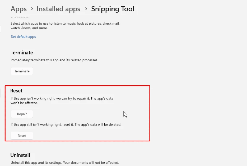 Windows 11 Snipping Tool not Working: reset snipping tool