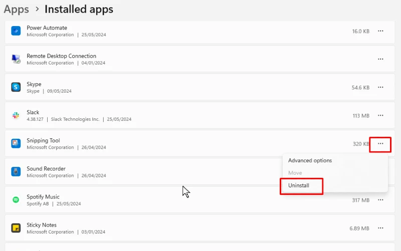 Windows 11 Snipping Tool not Working: uninstall snipping tool