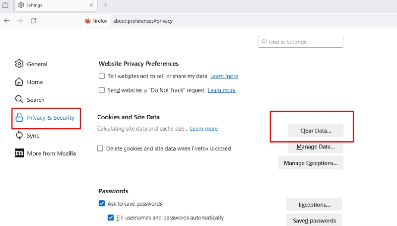 clear Browser Cache in Windows 10: clear data for mozilla firefox