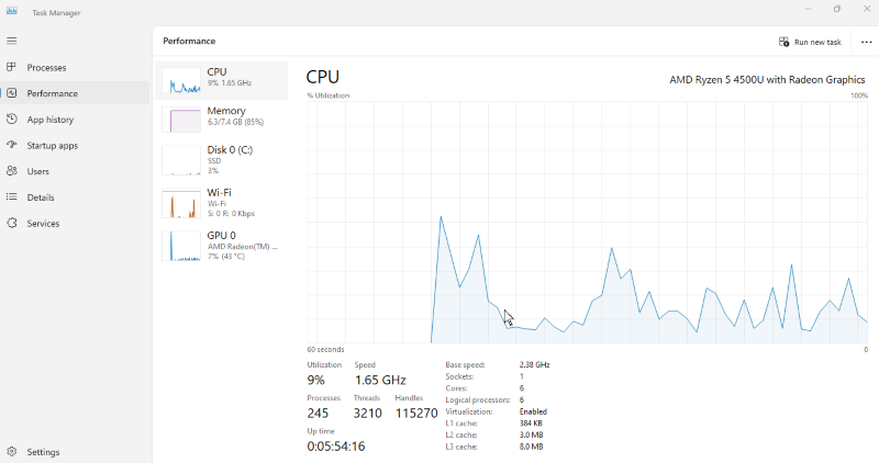 check task manager for cpu usage and system performance