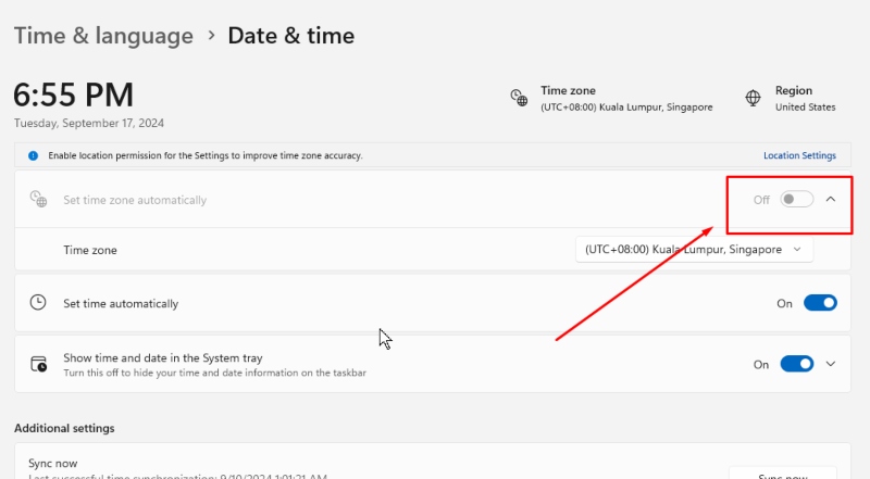 toggle off time zone automatically_ Time Synchronization Failed on Windows