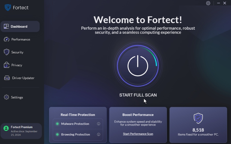 fortect dashboard with malware protection