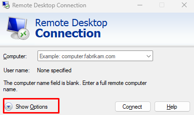 show options remote desktop connection: Azure Virtual Desktop Black Screen