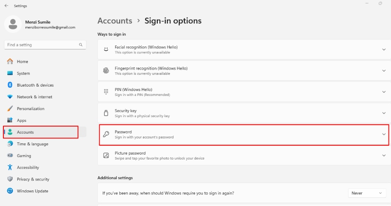 settings change password: Windows 11 Recall